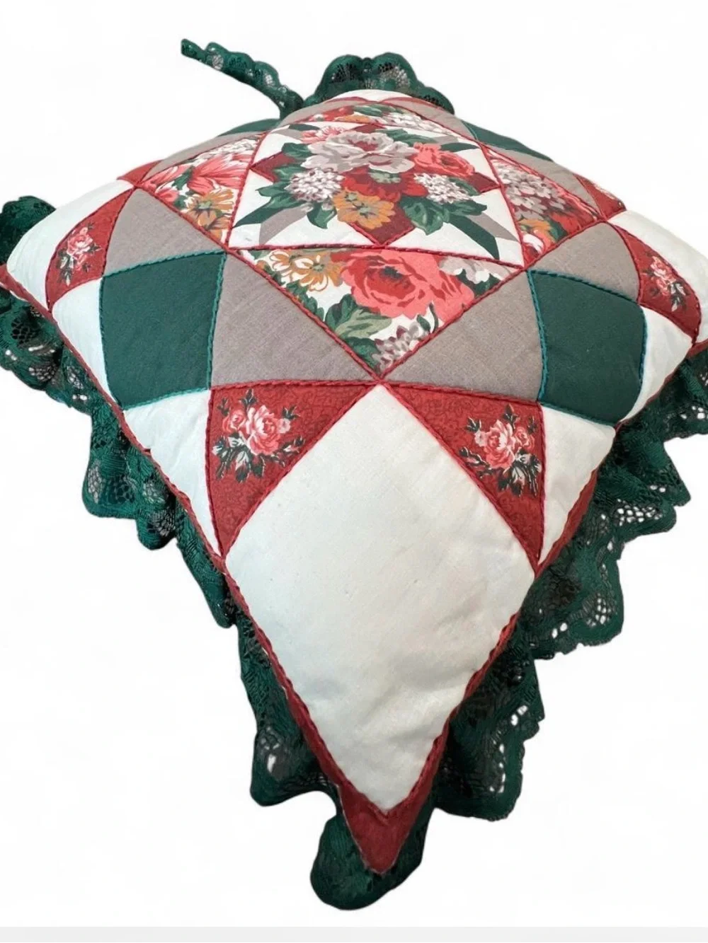 Patchwork Floral Throw Pillow Pair - Green and Red